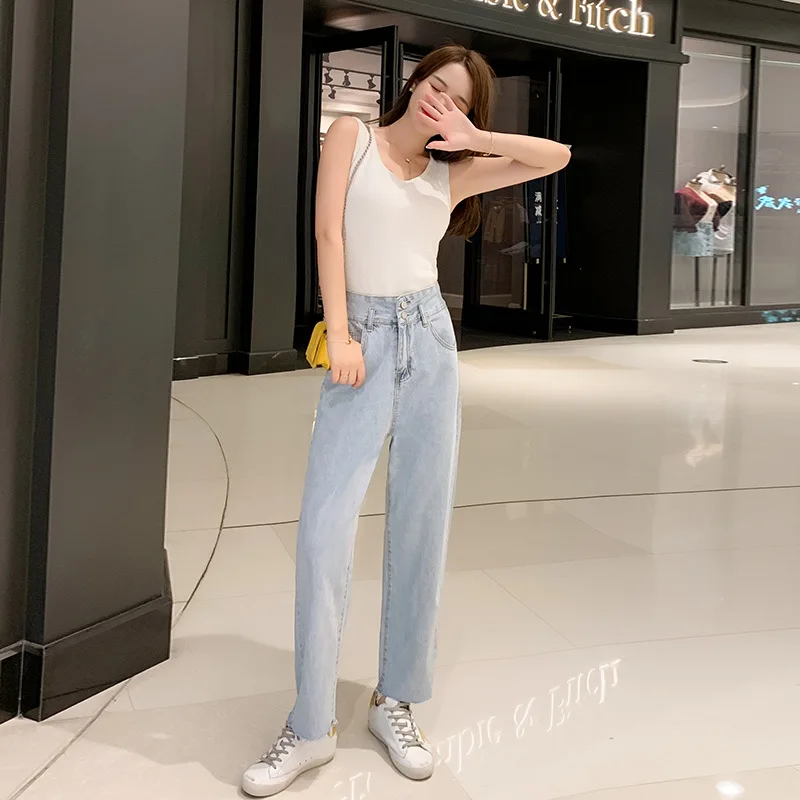 Hyuna/джинсы в стиле знаменитостей с высокой талией, женские свободные летние прямые широкие брюки с драпировкой, штаны для папы