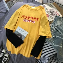 Корейская кавайная Желтая Женская футболка с длинным рукавом и круглым вырезом, Осенние Топы, Повседневная футболка с буквенным принтом, женская футболка Harajuku