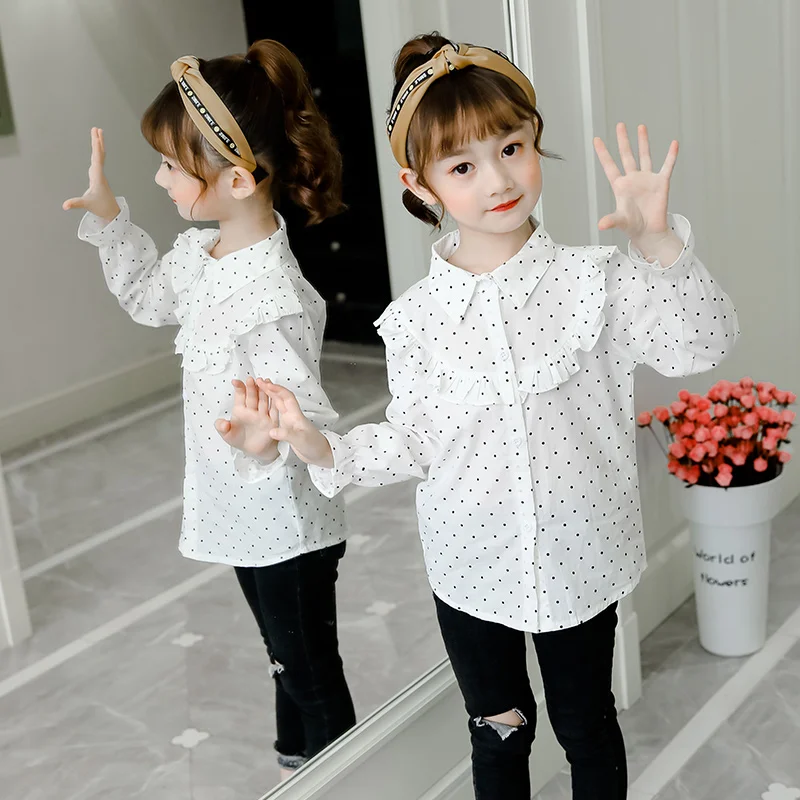 Loose Girls Blouses Cotton Long Sleeve Dot Print Kids Shirts Cute Preppy Style Girls Clothes Tops Vestidos for 6 8 10 12 Years - Цвет: Белый