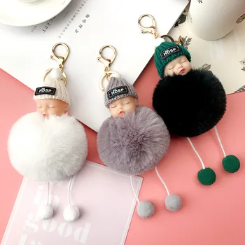 

2020 Cartoon Wool Cap Sleep Meng Doll Keychain Fashionable Candy Color Women's Creative Fur Ball Car Pendant Children's Toys