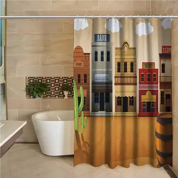 

American Waterproof and Colorful Shower Curtain Wild West Scenery Village Old Town Texas Cowboy States Nostalgic Illustration