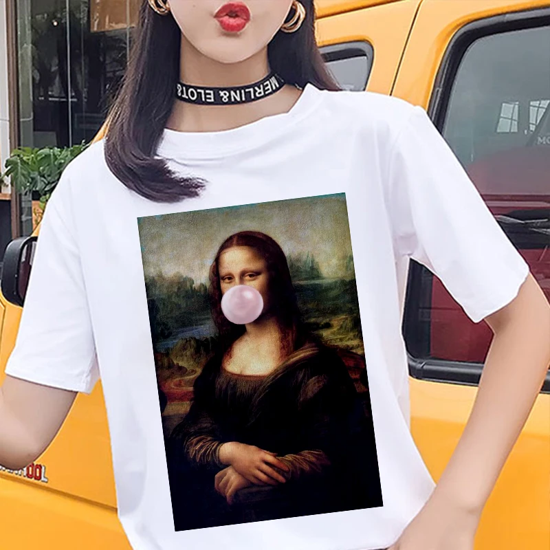 

Spoof Mona Lisa Bubble Gum Printed T-shirt Summer Women's Fashion Streetwear Harajuku Short-sleeved White Tshirt Female Tops Tee