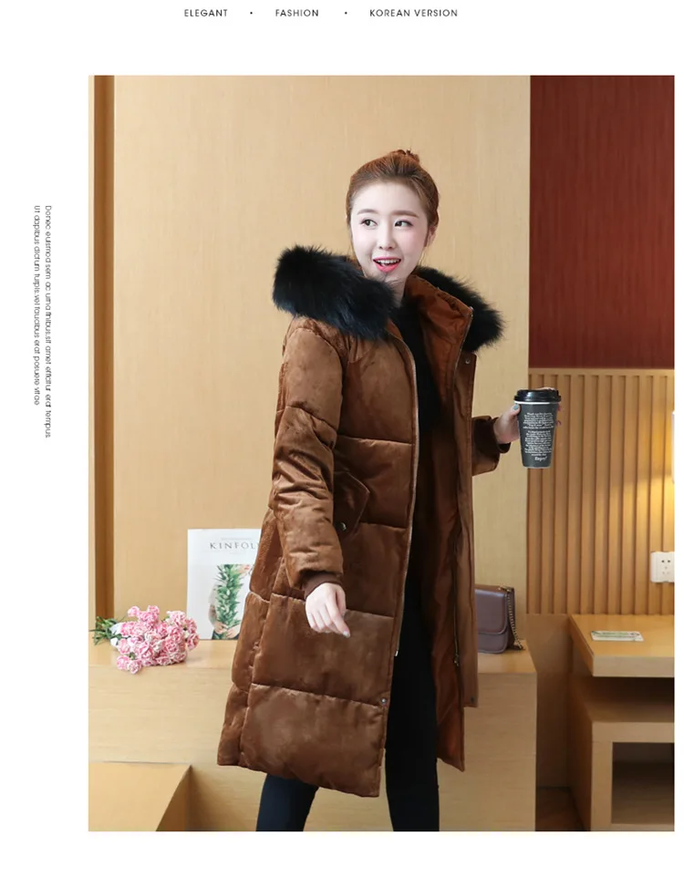 Mid-length down Jacket Women's Gold Velvet Large Fur Collar Cotton-padded Clothes Padded Cotton Coat