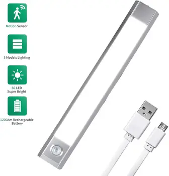 

Motion Sensor Wardrobe Lights - USB Rechargeable Battery Powered Automatic Under Cabinet LED Night Light，60 LED Cupboard Lights