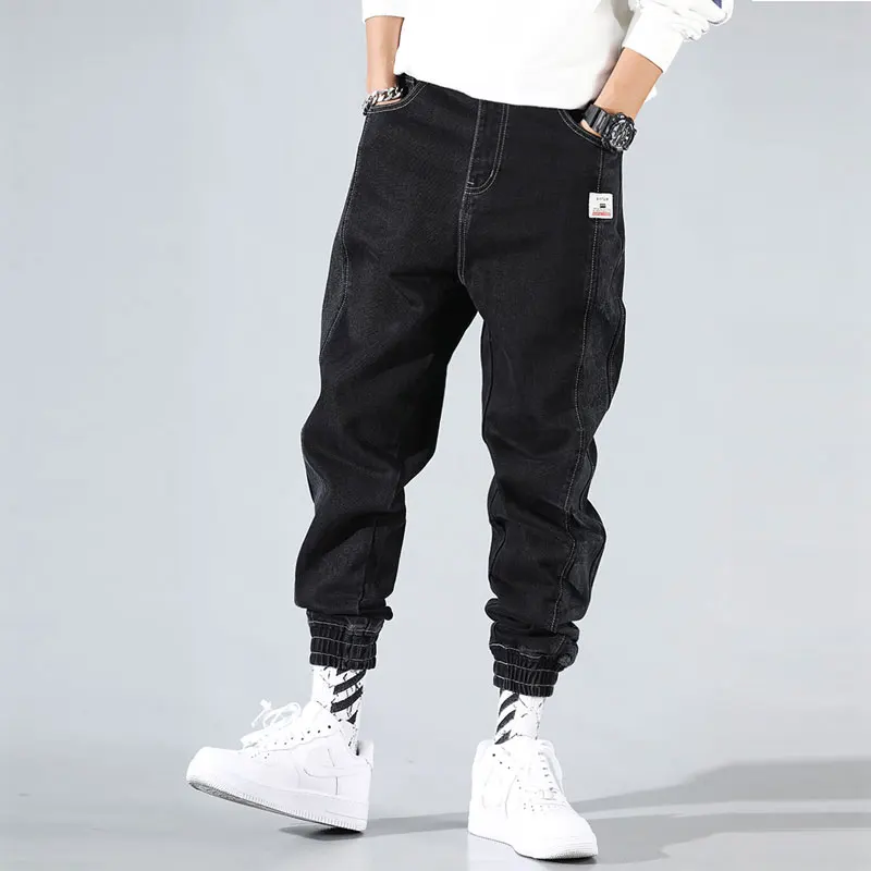 Promotion Japanese Fashion Men Jeans Black Loose Fit Stripe Spliced Designer Cargo Pants Harem Jeans Streetwear Hip Hop Jeans Men Joggers