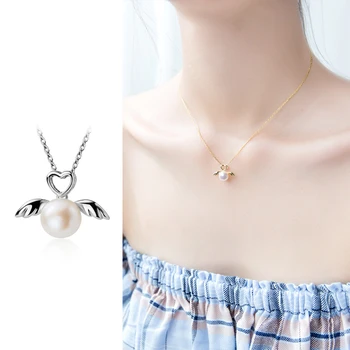 

Mocanie Romantic Cute Angel Pendant for Women Hight Quality 925 Sterling Silver Heart Pearl Wing Pendant Necklace Fine Jewelry