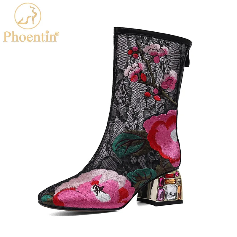 

Phoentin women Floral mesh mid calf summer boots Ethnic embroidered 2021 crystal high heel sandals big size 43 shoes FT1488