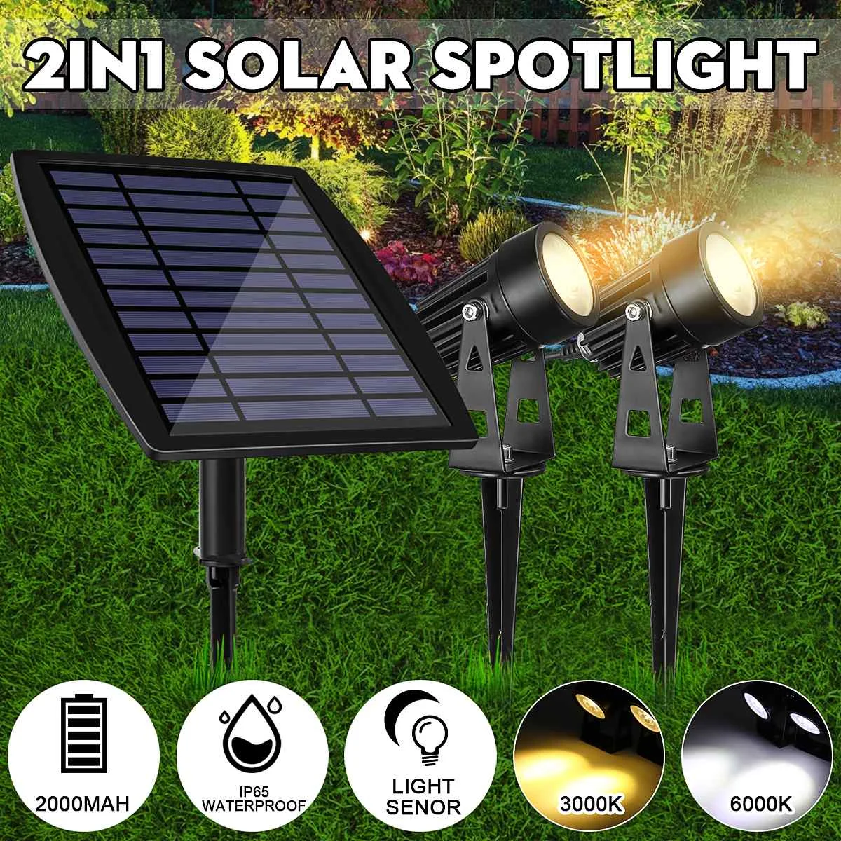 

Solar 2-in-1 Lawn Spotlight Outdoor LED Floodlight for Backyard Driveway Patio Gardens Light Sensor Auto On Off Light
