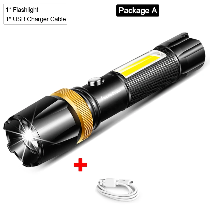 Package A Мощный светодиодный фонарь L2/T6 COB Светодиодный фонарь с подзарядкой от USB, водонепроницаемый фонарь с usb-кабелем, аккумулятор 18650 - Испускаемый цвет: Package A