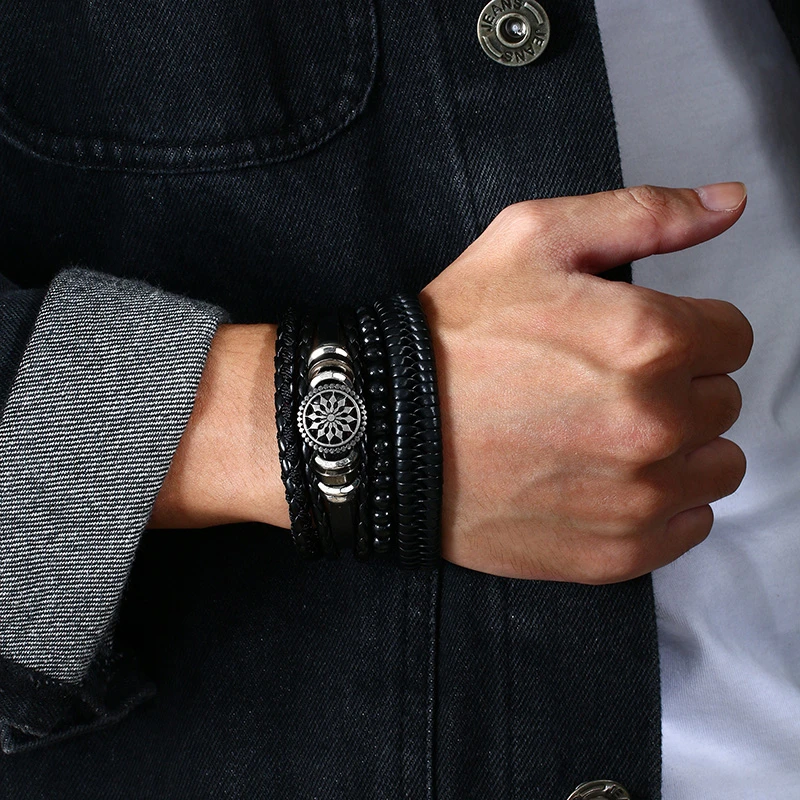 Vnox 4pcs/ set Adjustable Leather Bracelets for Men Braided PU Black Brown Bangle Life Tree Leaf Rudder Charm Bracelet Gift - Image 2