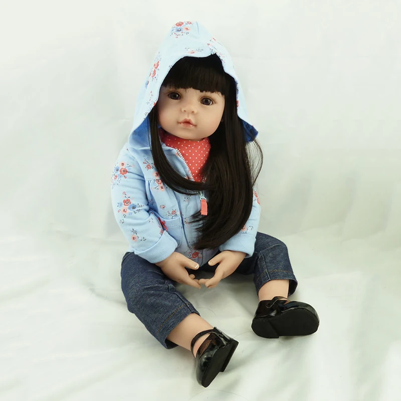 58 см Reborn Baby Doll игрушка мягкая силиконовая Повседневная ткань тело черные длинные волосы Реалистичная Детская кукла Малыш Дети сон сопутствующая игрушка
