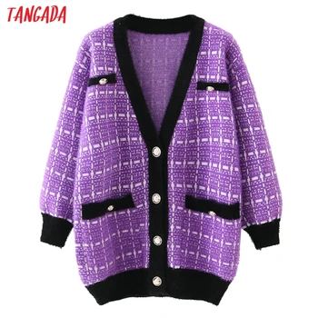 

Tangada 2020 autumn winter women purple plaid thick cardigan jumper lady fashion oversized knitted cardigan coat 4T30
