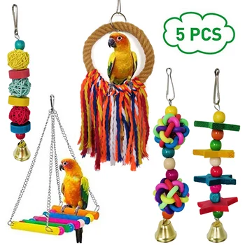 

Newly 5pcs Pet Bird Playing Toys Set Parrot Cage Accessories Toy Swings Hanging Bridge Cotton Rope Chew Toy N06