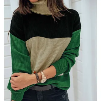 

Women Striped Turtleneck Winter Warm Elegant Sweater Patchwork Knitwear Long Sleeve Knitted Sweater Jumper