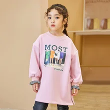 Весенне-осеннее детское платье с длинными рукавами и модным принтом для девочек свободные длинные толстовки в Корейском стиле Размеры 4, 5, 6, 7, 8, 9