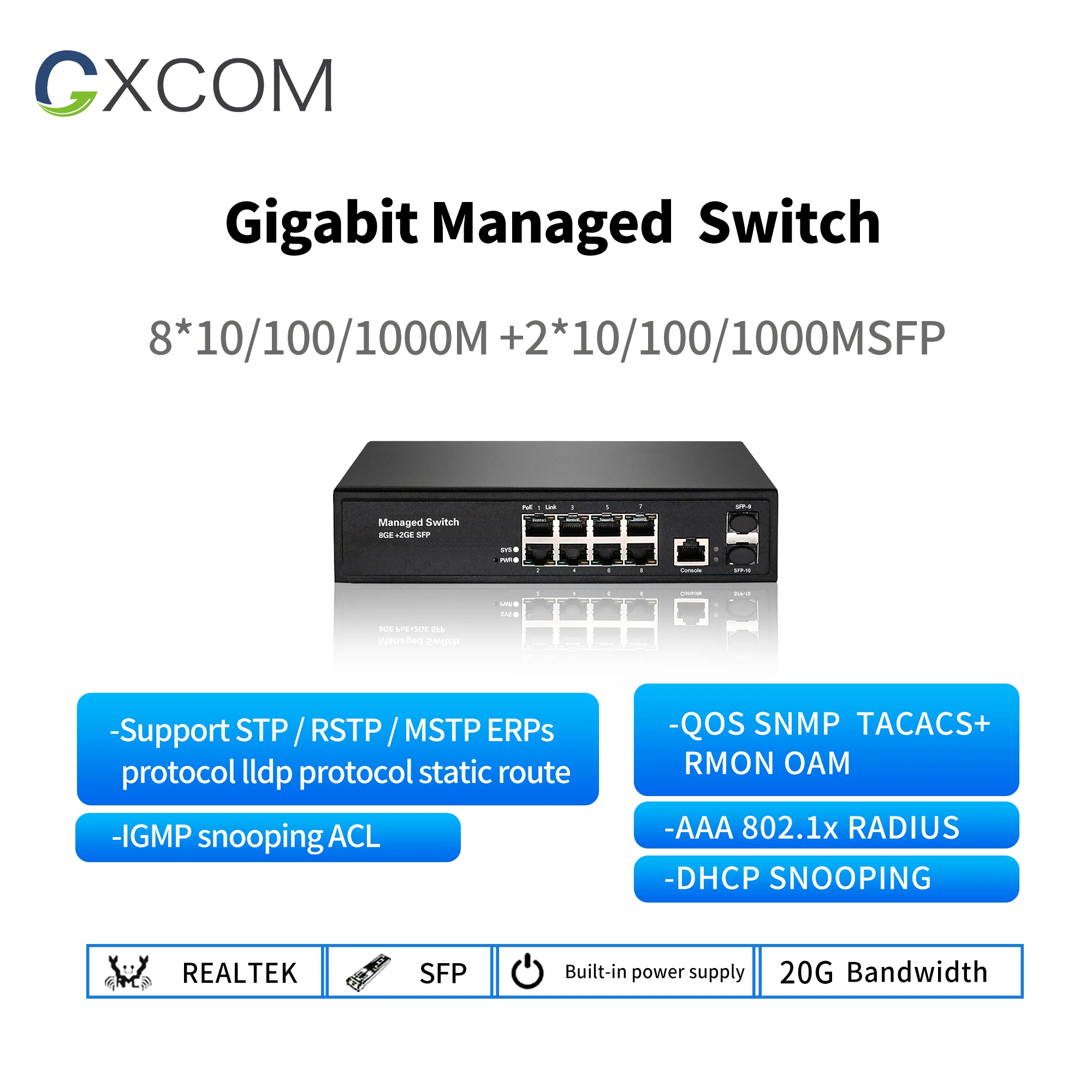 Управляемый коммутатор с 8 портами полный гигабитный 2 слотами SFP управлением/vlan/