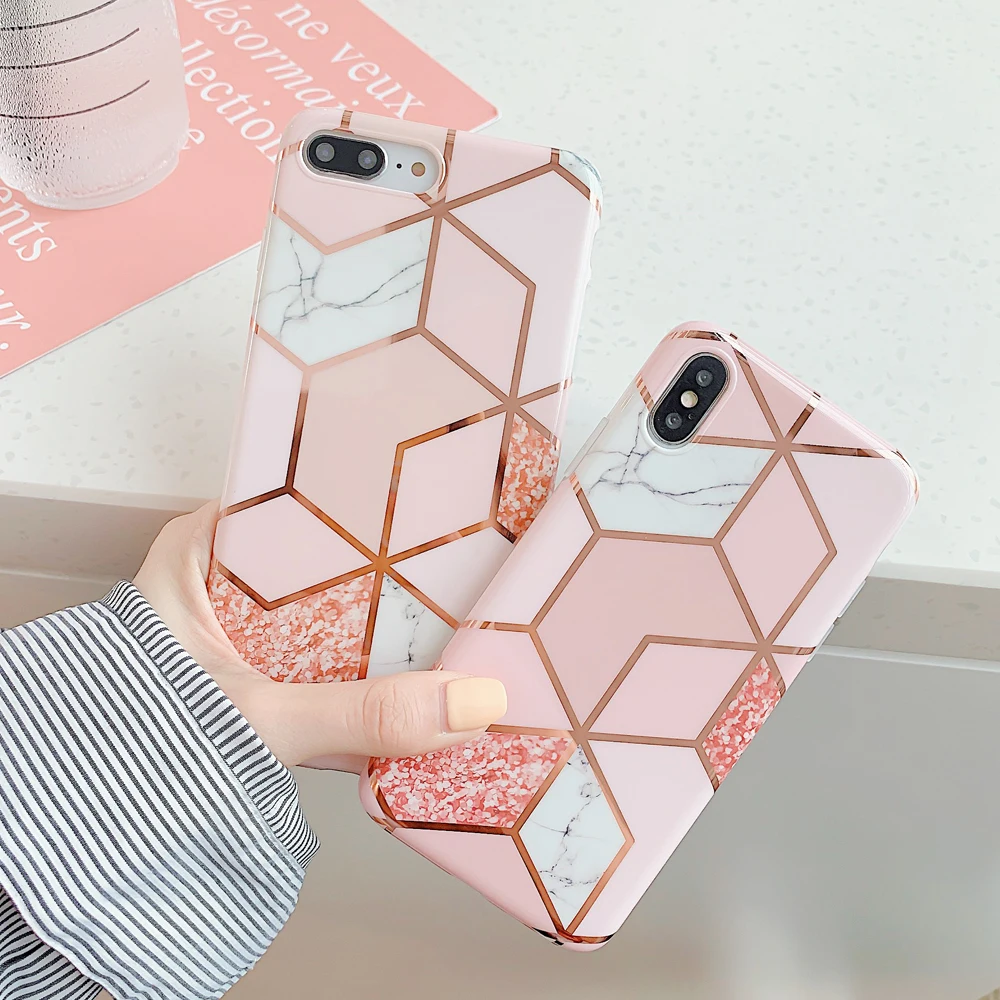 LOVECOM Plating Geometric Phone Case For iPhone 13 Pro Max 11 12 Pro Max XR XS Max 7 8 Plus X Soft Marble Phone Back Cover Cases