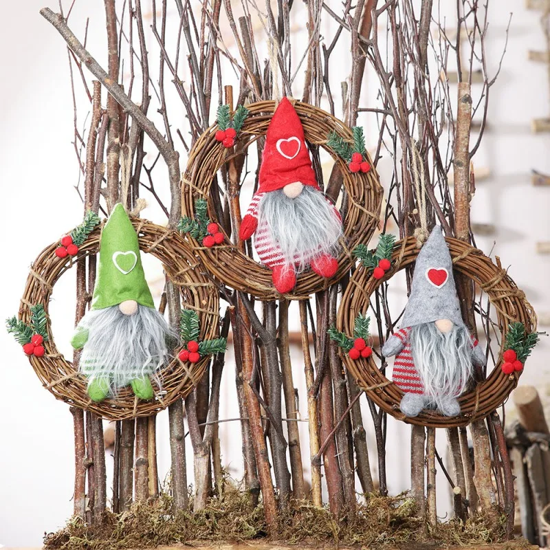 

Hot Christmas Ornaments Artificial Rattan Hanging Garlands Wreath Pendants Plush Gnome Doll Seasonal Decorations