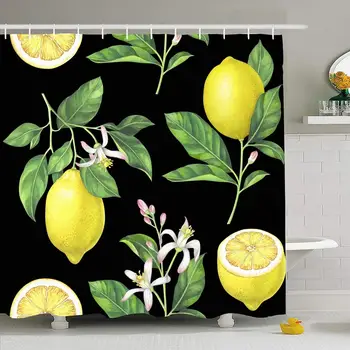 

Shower Curtain Set with Hooks 66x72 Juice Lemon Pattern Texture White Textile Floral On Black Nature Invitation Exotic Branch