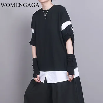 

loose Women Black Contrast Color Split Big Size T-shirt Round Neck Half Sleeve Fashion Tide Spring Summer 2020 WOM3