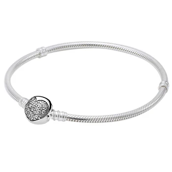 

New 925 Sterling Silver Bracelet Pave Love Heart With Crystal Clasp Snake Chain Bracelet Fit Bead Charm DIY Jewelry