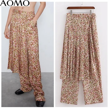 

AOMO fashion women floral print casual skirt pants trousers 2 piece seperate pockets buttons 2020 female pants 1D12A