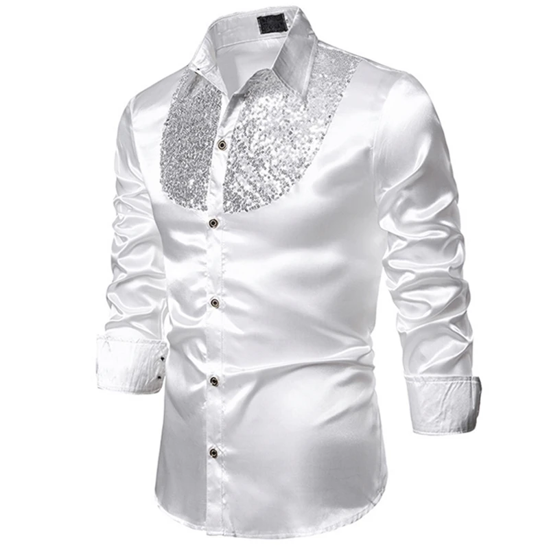 Белый Стильная белая шелковая атласная Мужская рубашка Chemise Homme, Повседневная приталенная Мужская рубашка с длинным рукавом, деловая Свадебная мужская рубашка - Цвет: Белый