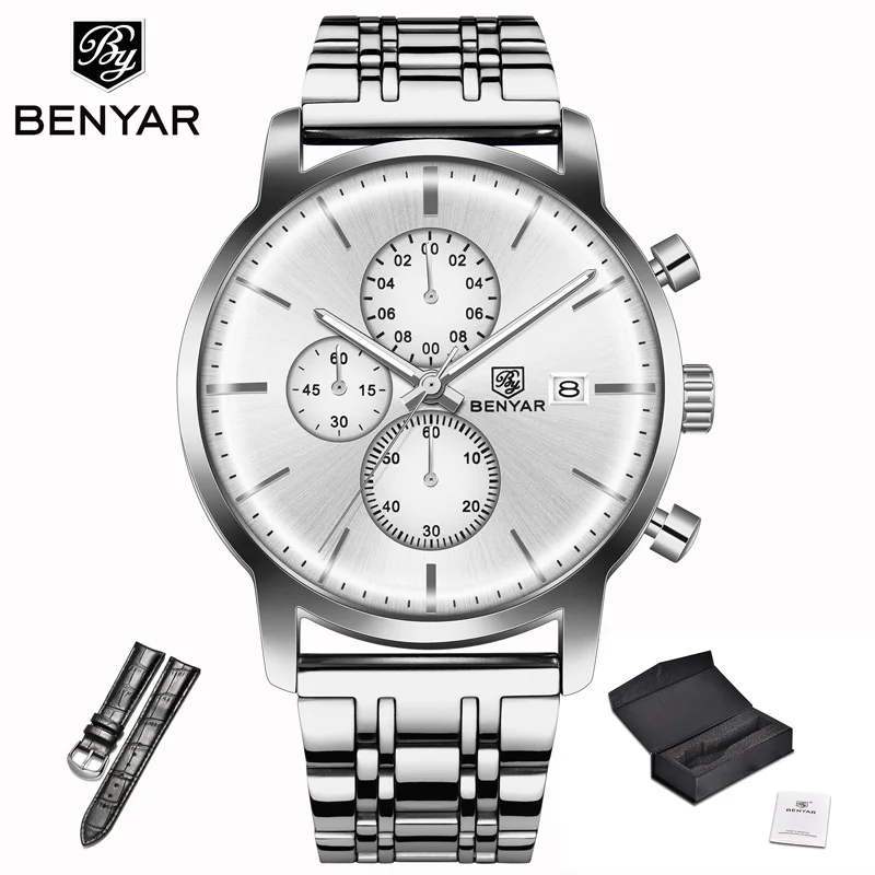 Silver Strap BENYAR, мужские часы, Топ бренд, Роскошные, кварцевые, с хронографом, модные, нержавеющая сталь, водонепроницаемые, мужские часы, военные, Relogio Masculino - Цвет: Silver Strap