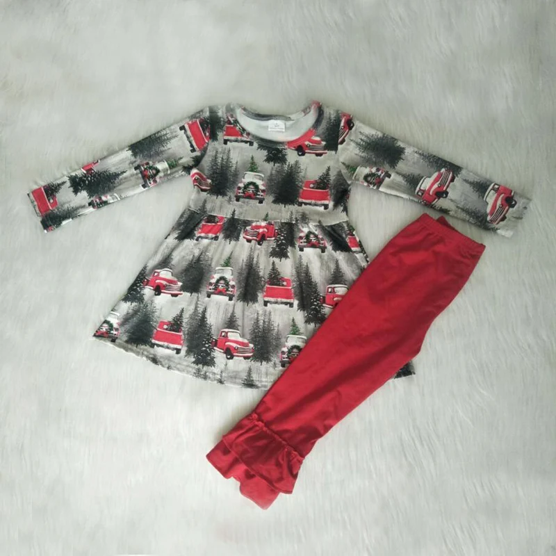Fashion Kids Girl Vintage Christmas Truck Long Sleeve Tunic Top and Red Pants Boutique Outfit For X-mas