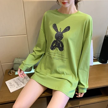

Rabbit Printed Mid-length All-cotton T-shirt Women's New Style Autumn Clothing Crew Neck Loose-Fit Long-sleeved Upper Garment