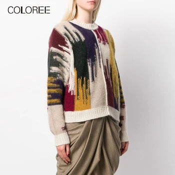 

COLOREE Autumn Women's Sweater Fashion 2019 Color Block Round Neck Knit Pullover Winter Christmas Jumper Sweater For Female New