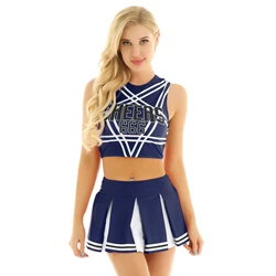 2Pcs Womens Charming Cheerleading Carnival Cosplay Dance Costume Set Sleeveless Pentagram Back Crop Top with Mini Pleated Skirt