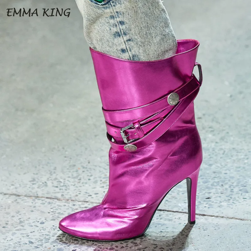 Plum Red Emma king/неоновые и зеленые сапоги до середины голени на шпильке с круглым носком и принтом в виде граффити в стиле рок; Цвет: золотистый, серебристый - Цвет: Plum Red
