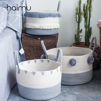 

Creative Cotton Rope Woven Storage Basket Desktop Cosmetics Storage Basket Nordic Style Debris Storage Box Blue & White