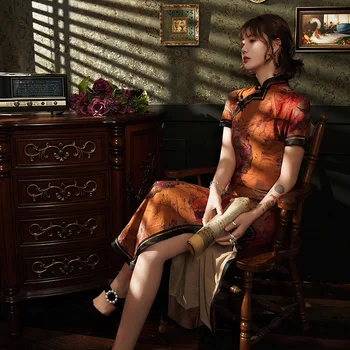 

Satin Print Long Cheongsam Women Sexy Slim Mandarin Collar Qipao Chinese Traditional Evening Party Dress Oversize Vestidos