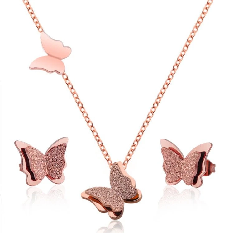 Oly2u очень милые трехмерные крошечные Наборы украшений с бабочкой для женщин Рождественский подарок серьги с изображением животных из нержавеющей розового золота
