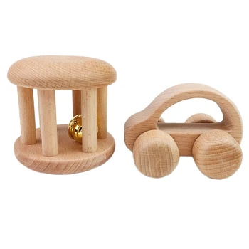 

2Pcs Infant Wood Teether Toys Activity Gym Rattle Beech Car Toy