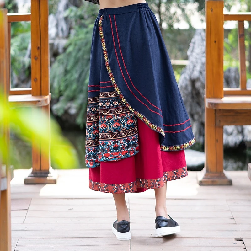 Falda estilo étnico mujer, faldas largas estilo Hippie, originales, estilo con bordado de retazos, por debajo de rodilla, 2021, otoño e invierno, 12537|Faldas| - AliExpress