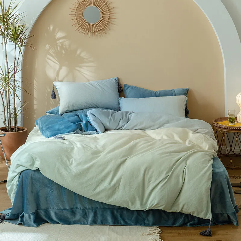 

Gradient Color Stitching Warm Milk Velvet Duvet Cover Bed Linen Fitted Sheet Pillowcases Bedclothes Home Textiles