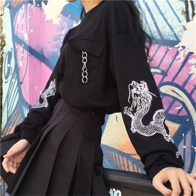 Gagarich корейская версия Весенняя женская одежда Harajuku Стиль Личность круг дракон вышивка свободные с длинным рукавом толстовки - Цвет: black