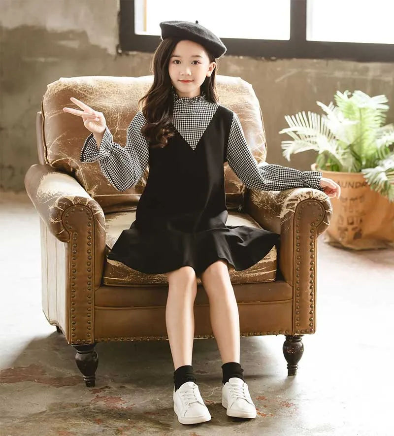 school lantern sleeve cotton dress teenager girl plaid patchwork kids dresses for girls 10 14 12 9 4 years autumn spring winter (6)
