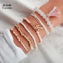 Tocona 6 шт./компл. богемный браслеты с кисточкой для Для женщин из золотистого металла лето Дерево красочный браслет из бисера для веревка ювелирные изделия оптом 8324