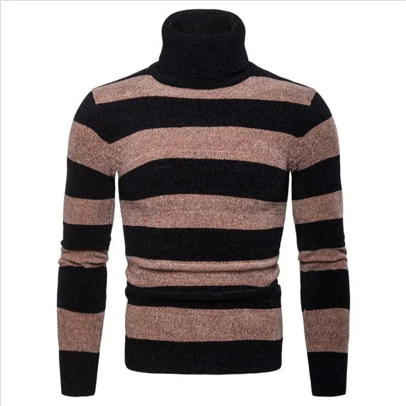 light brown Новинка, Зимние Повседневные свитера для мужчин, Модный Полосатый мужской свитер с высоким воротом, облегающий ВЯЗАННЫЙ ПУЛОВЕР, свитер размера плюс - Цвет: light brown