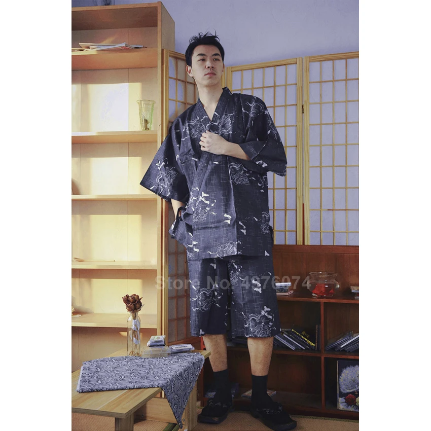2PCs Set Japanese Kimono Samurai Men Sleepwear Pajamas