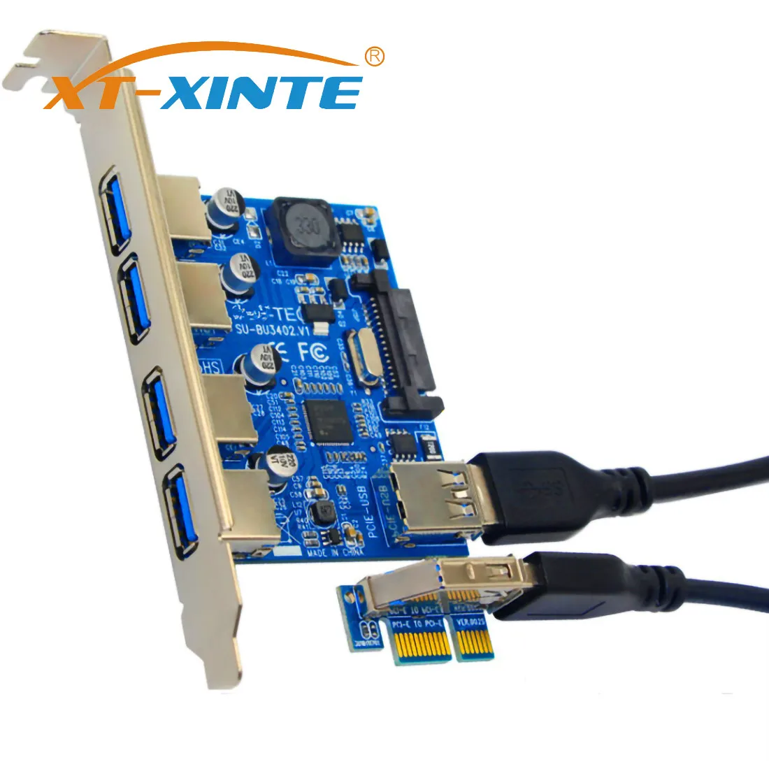 

XT-XINTE PCIE TO 4 Port USB 3.0 PCI-e Adapter PCI Express USB 3.0 4 port HUB Adapter 5Gbps USB3.0 Cable Riser Card SATA Connect