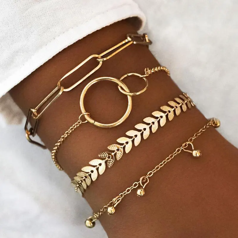 New Punk Rhinestone Geometric Chain Bracelets Set for Women Bohemia Multilayer Beads Charm Bangles Fashion Party Jewelry Gift