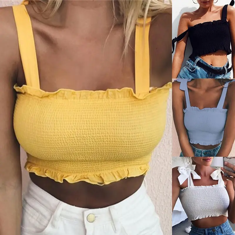 

2020 New Summer Women Sexy Sleeveless Slim Ruffled Bandage Vest Women Sexy Cool Summer Beach Crop Top Solid Color Tank Crop Top