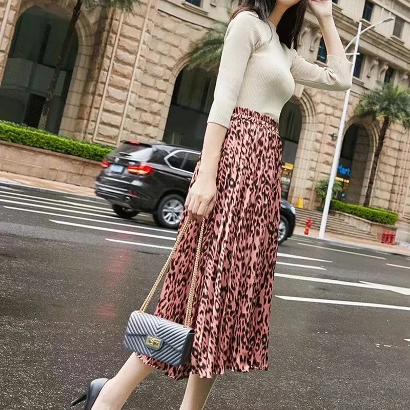 High Fashion Leopard Print Skirts Spring Women Pleated Skirts Elastic High Waist Long Skirt Female Party Holiday Skirt