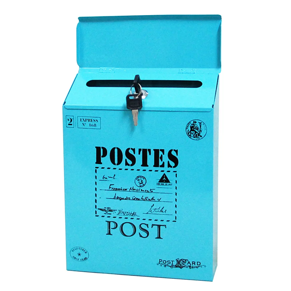 Wall Mount Durable Letter Box With Lock Colorful Newspaper Vintage Iron Yard Ornaments Postal Paint Home Decor Mailbox - Цвет: Синий