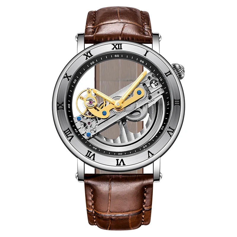 FORSINING Роскошные автоматические механические мужские часы с скелетом, мужские деловые наручные часы из натуральной кожи - Цвет: brown silver
